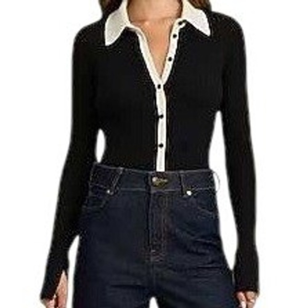 EXPRESS Black‎ Cream Ribbed Knit Flared Cuff Button Front Cardigan EUC Small
